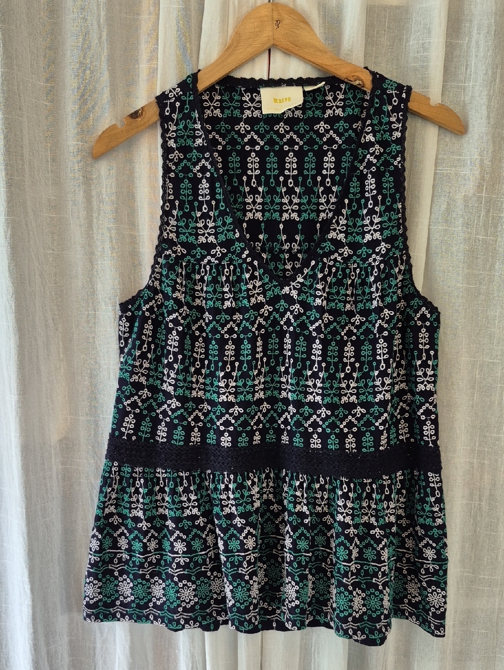 Anthropologie MAEVE Black Tank Top Green and White Embroidery